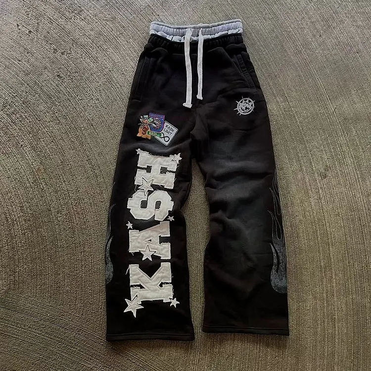 Vintage Cash Appliqu&Eacute; Embroidery Double Waistband Design Washed Sports Sweatpants