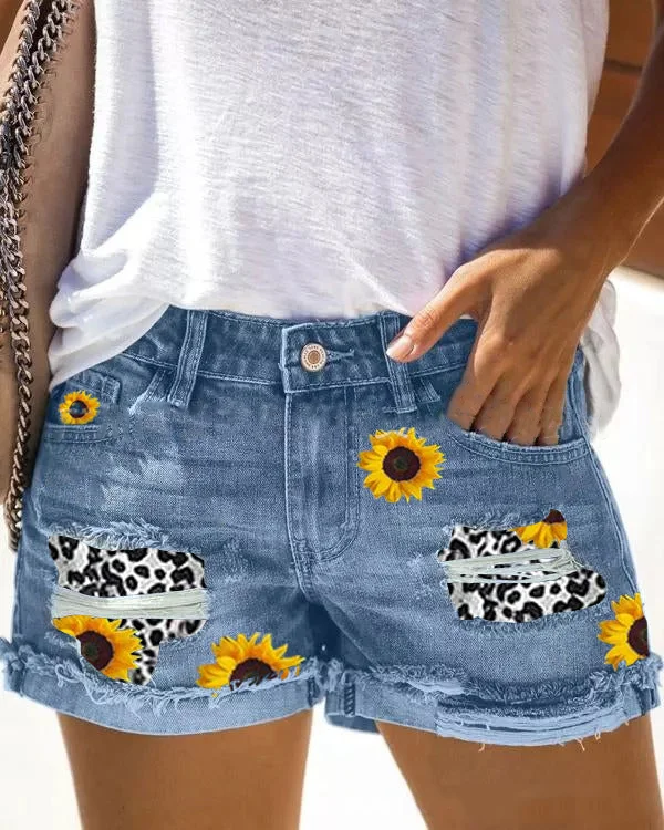 Floral Printed Cuffed Ripped Denim Shorts