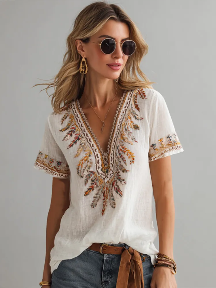 Retro Cotton And Linen Bohemian Style Women's V-neck Short Sleeve