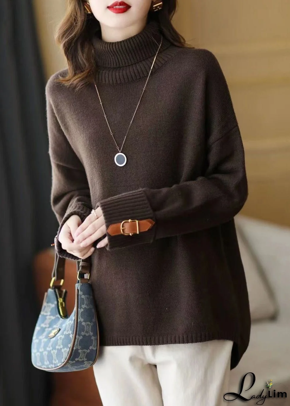 Art Chocolate Turtle Neck Low High Design Knit Sweater Winter