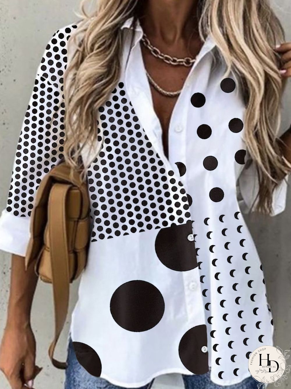 Casual Polka Dots Long Sleeve Shirt Collar Plus Size Printed Blouses