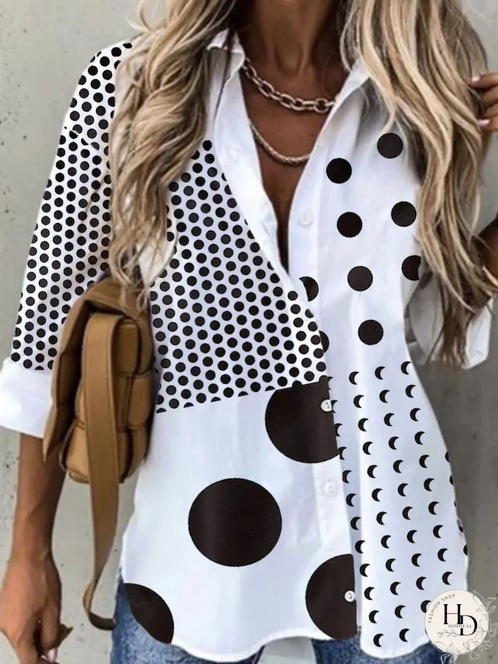 Casual Polka Dots Long Sleeve Shirt Collar Plus Size Printed Blouses