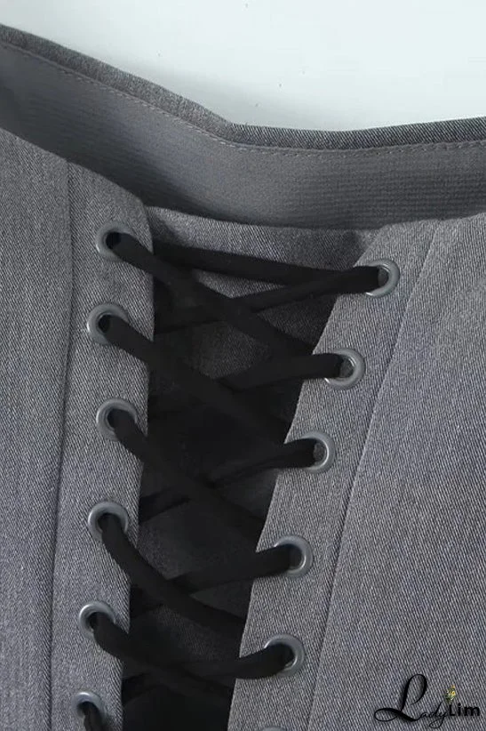 French Style Square Neck Cap Sleeve Lace Up Open Back Twilled Crop Top