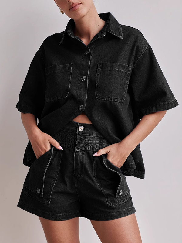 Split-Joint Short Sleeves Loose Lapel Blouses&shirts Tops BLACK-S