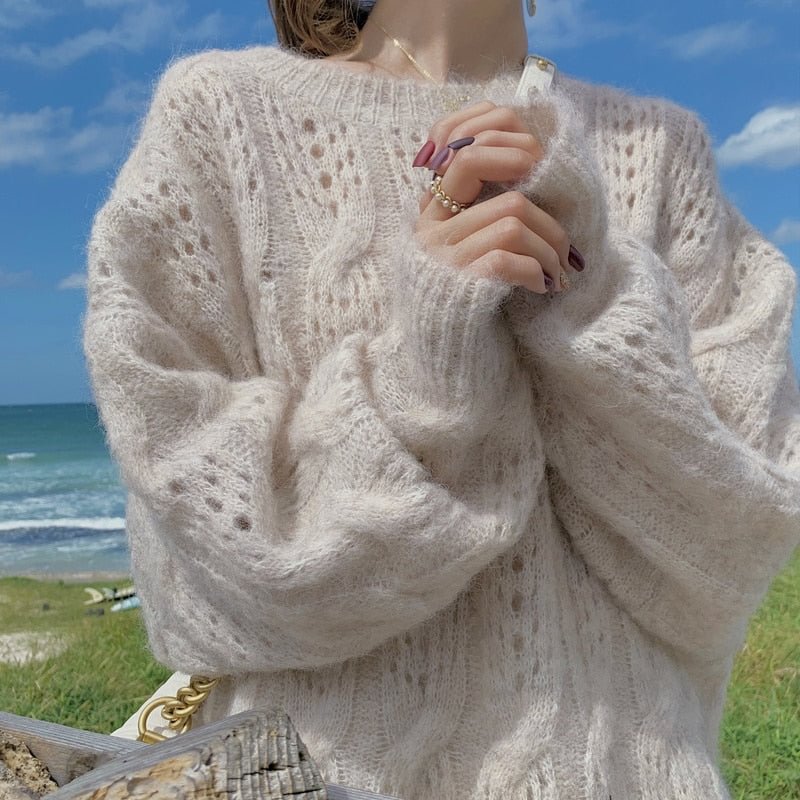 Pink Soft Loose Knitted Sweater Women Anutumn Winter New Hollow Solid Pullover Sweater Mohair Warm Basic Knitwear Jumper 17932
