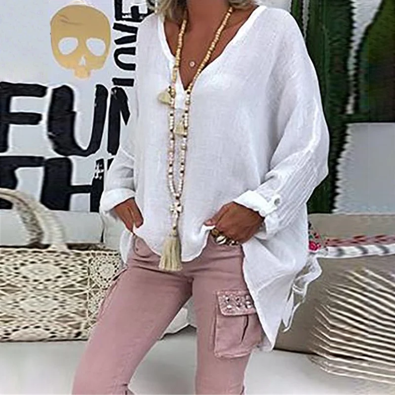 Solid Color V-Neck Long Sleeved Loose Blouse