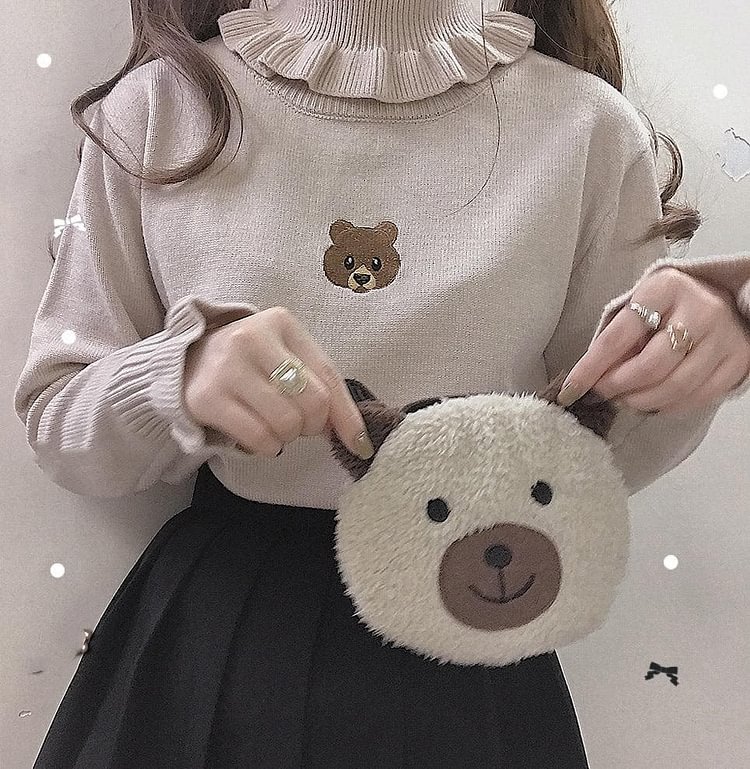 Milk Tea/White/Black Cute Bear Girl Sweater SP14271