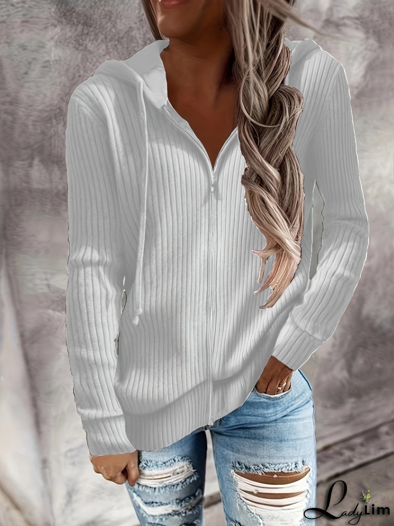 Plus Size Casual Coat, Women's Plus Solid Ribbed Zip Up Long Sleeve Drawstring Hoodie Sweater