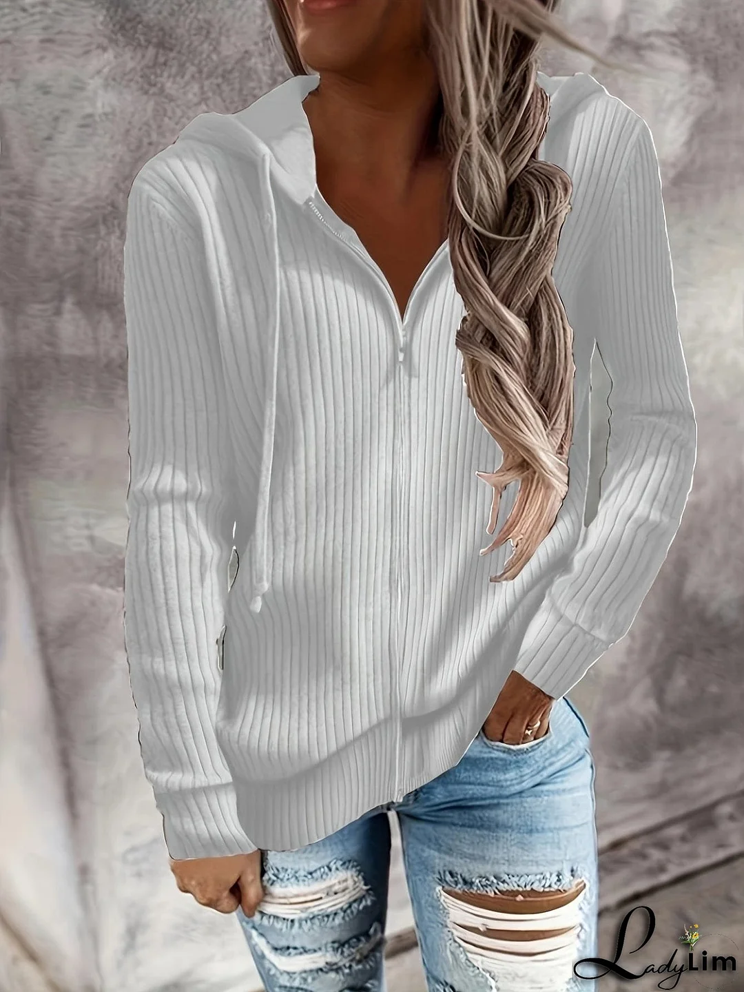 Plus Size Casual Coat, Women's Plus Solid Ribbed Zip Up Long Sleeve Drawstring Hoodie Sweater