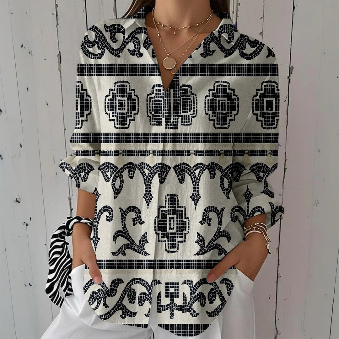 Style & Comfort for Mature Women Women Bohemian, Black, White DZCL0148 3/4 Sleeve Shirt Collar Printed Button Tops
