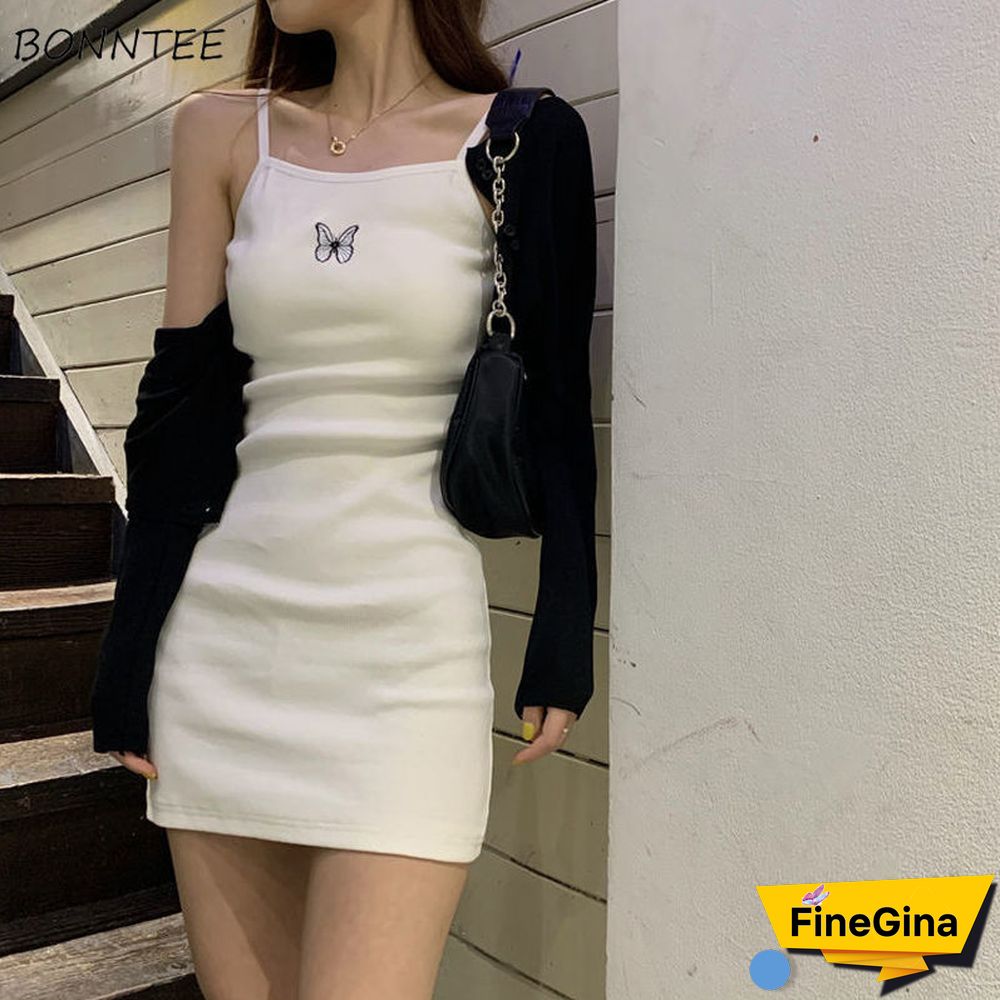 Dress Women Sleeveless Butterfly Printed Sweet Sexy Low-Cut Bodycon Sheath Womens Chic Basic All-Match Summer Ins Dresses Trendy