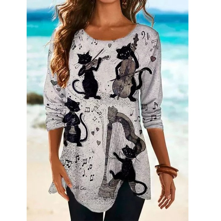 Round Neck Cat Print Loose Long Sleeve T-Shirt