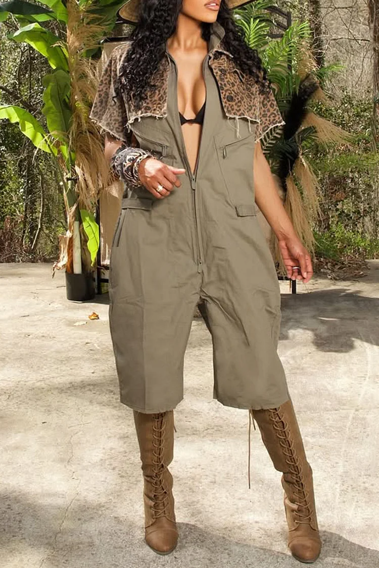 Plus Size Daily Khaki Casual Shirt Collar Short Sleeve Zipper Cargo Rompers 2024 - Xpluswear
