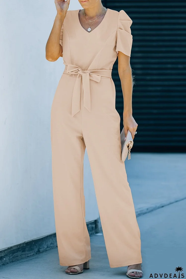 Belted Puff Sleeve V-Neck Wide Leg Jumpsuit