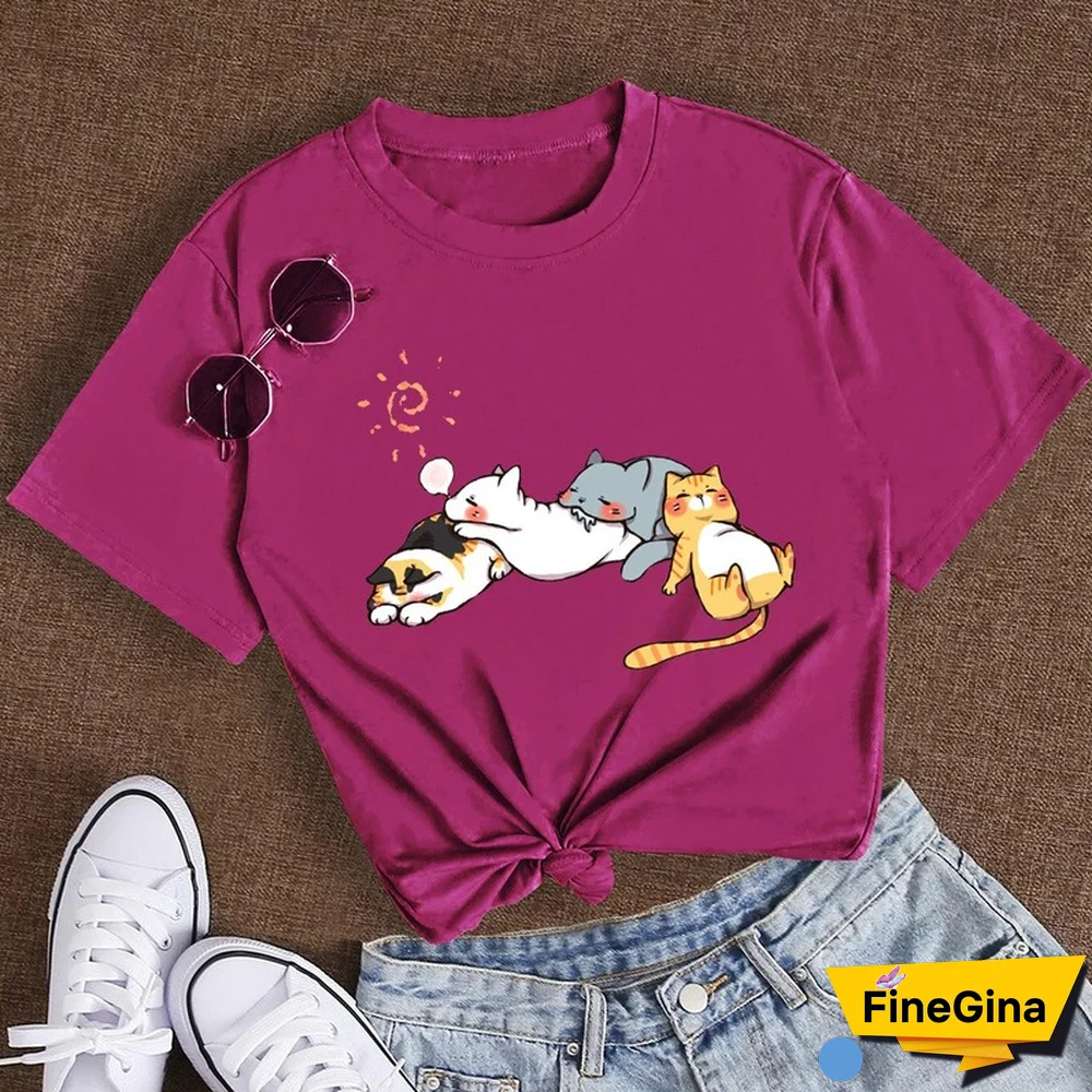 Cotton 100% Women's T Shirt Summer Short Sleeve Nap Cat Print Fashion Kawaii Female Clothes Casual O-Neck Tshirt Ladies Tee Tops
