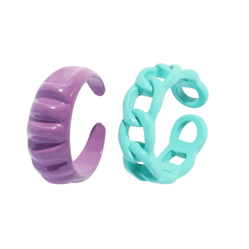 Dvacaman 2021 New Trendy Hand-Painted Candy Color Dripping Oil Geometric Chain Rings Set for Women Colorful Irregular Open Rings