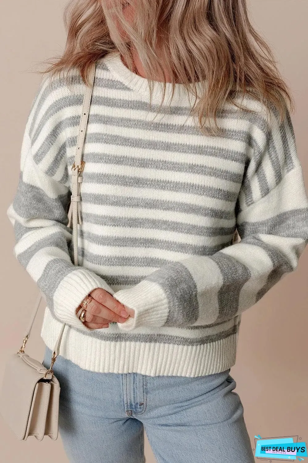Gray Stripe Drop Shoulder Crew Neck Sweater