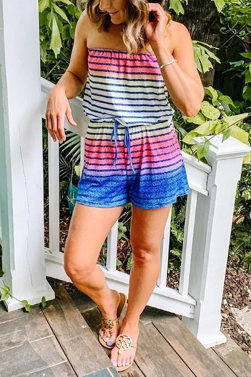 Rainbow Stripe Strapless Drawstring Romper
