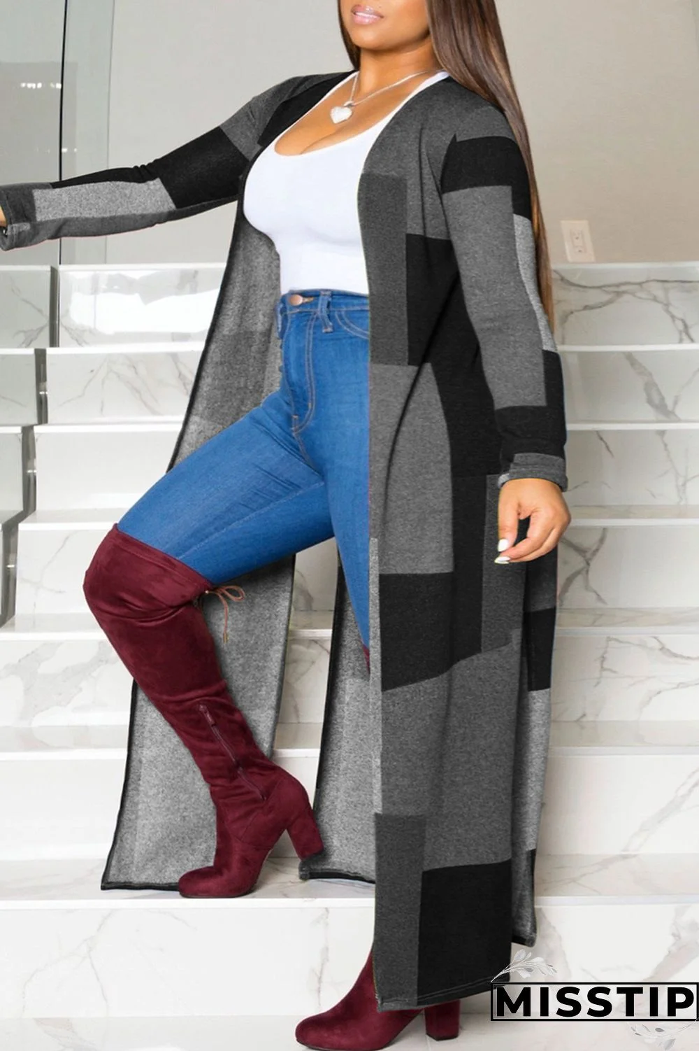Black And White Casual Geometric Print Patchwork Plus Size Overcoat