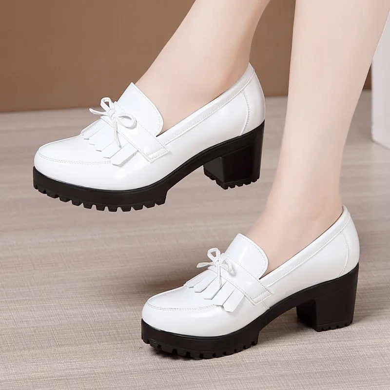 Size 33-43 Women Pumps Bowknot Slip On Tassels Thick Heels Fashion Vintage Women Shoes For Party Leather Footwear