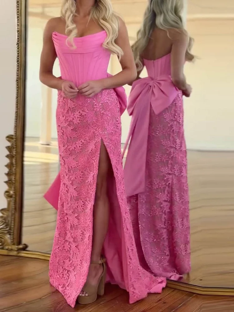 Sequinned Flowrer Lace Mesh Splicing Sleeveless Tube Mermaid Dresses Party Dresses