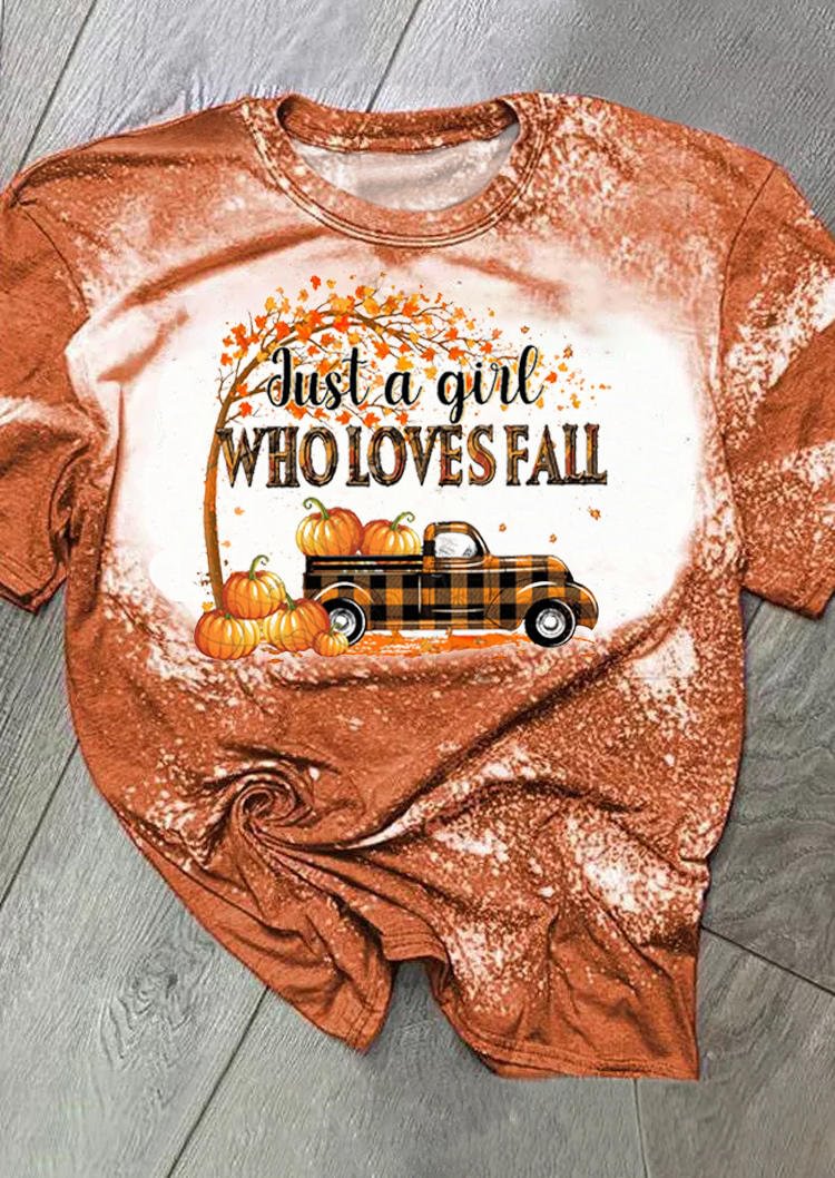 Just A Girl Who Loves Fall Pumpkin Plaid Bleached T-Shirt Tee - Orange