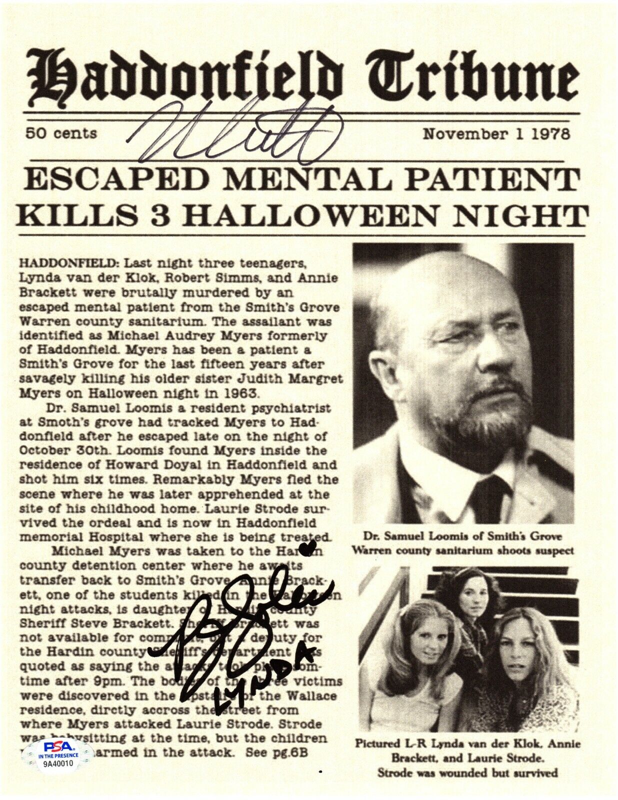 Nick Castle PJ Soles autographed signed 8x10 movie newspaper Halloween PSA COA