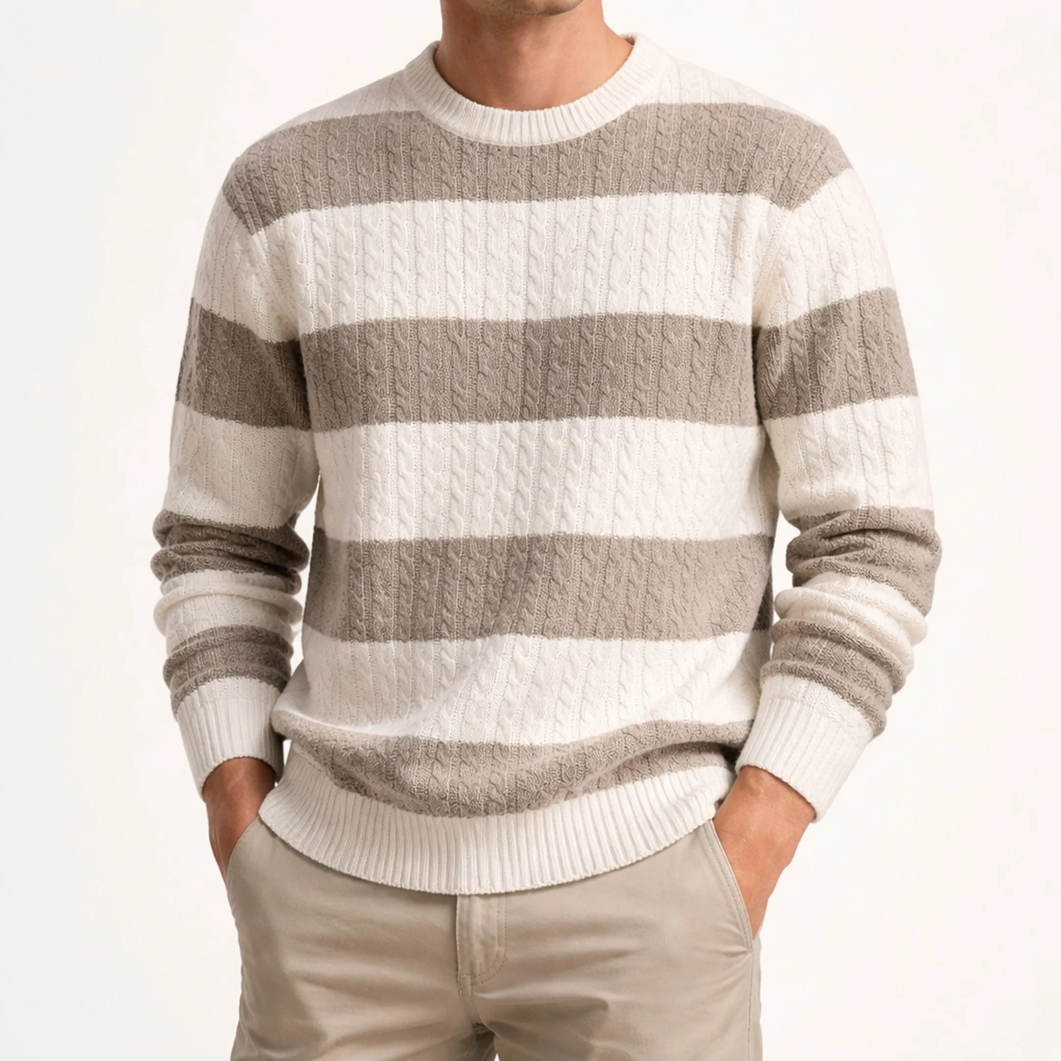 Men's Cable-Knit Striped Jumper &ndash; Crew Neck Everyday Layer
