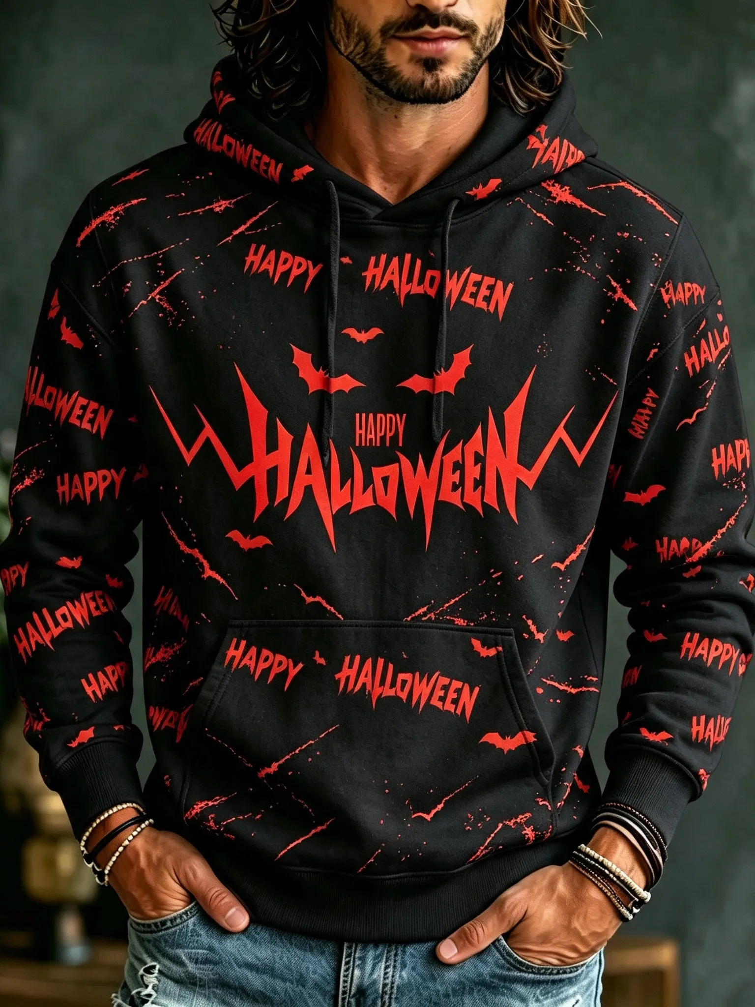 Men's Retro Halloween Bat Print Hooded Sweatshirt artswardrobe