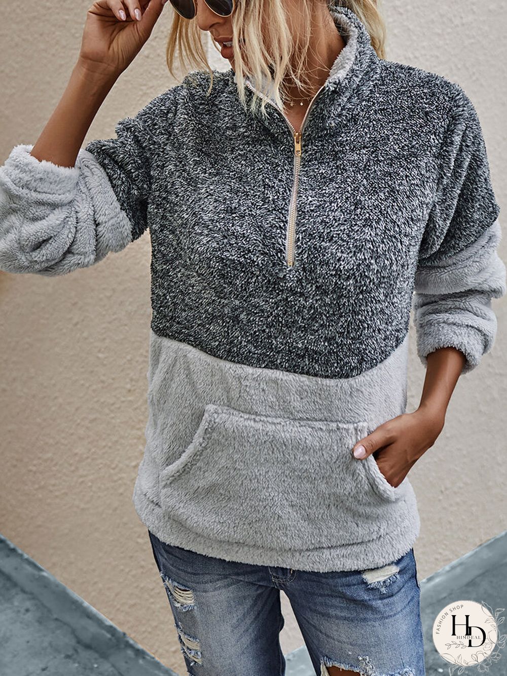 Patchwork Long Sleeve High Neck Zipper Fly Pocket Sweatshirt For Women