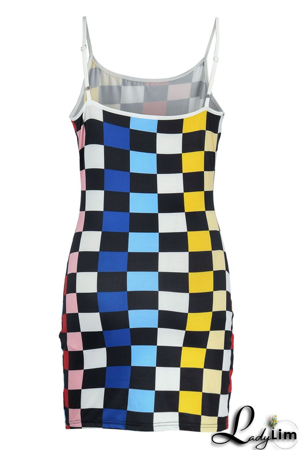 Rose Red Sexy Plaid Print Patchwork Spaghetti Strap Sling Dress Dresses