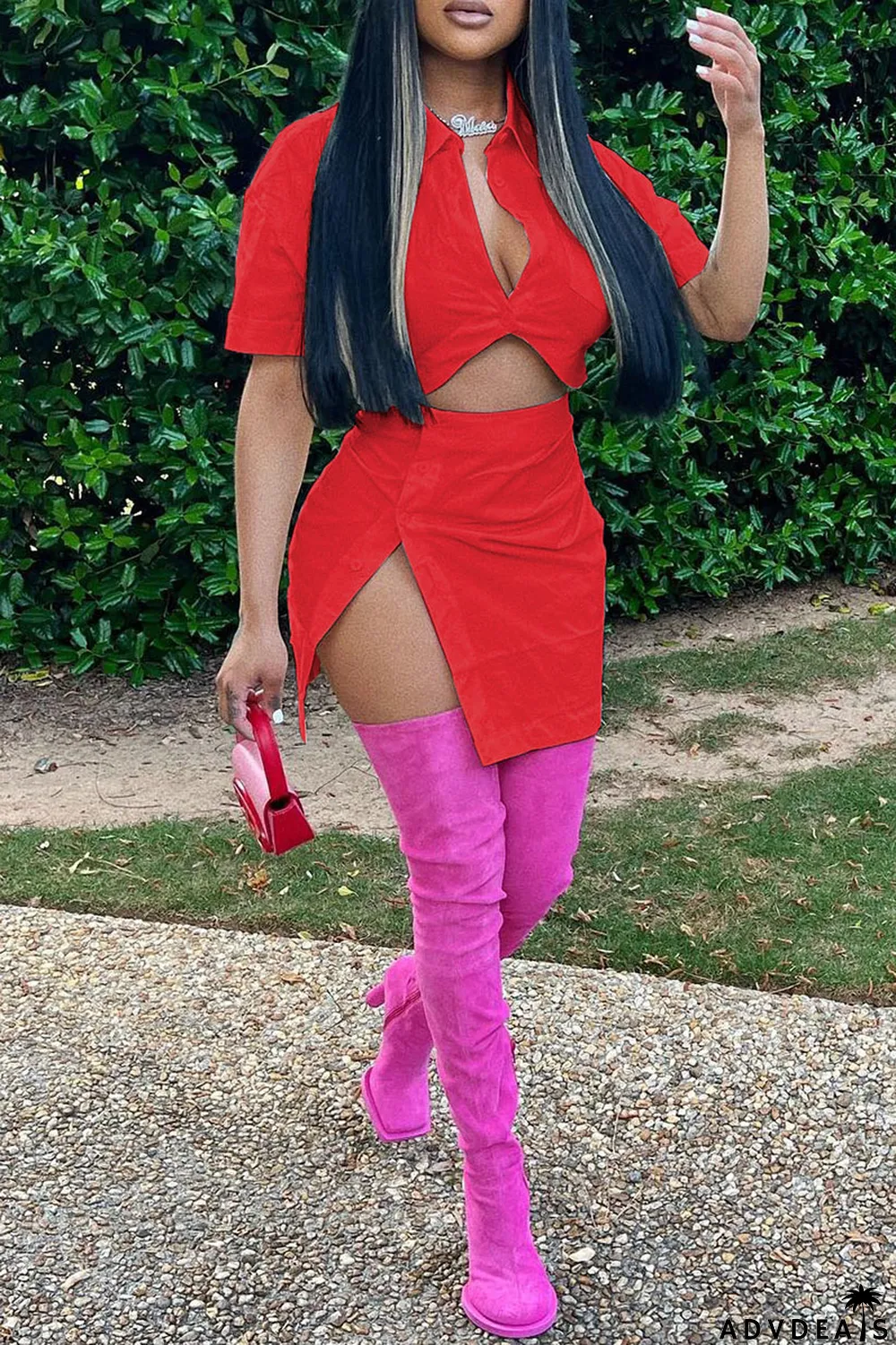 Red Fashion Casual Solid Split Joint Turndown Collar Short Sleeve Two Pieces