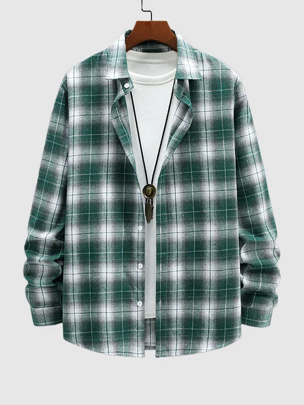 Men's preppy brushed plaid long-sleeve shirt