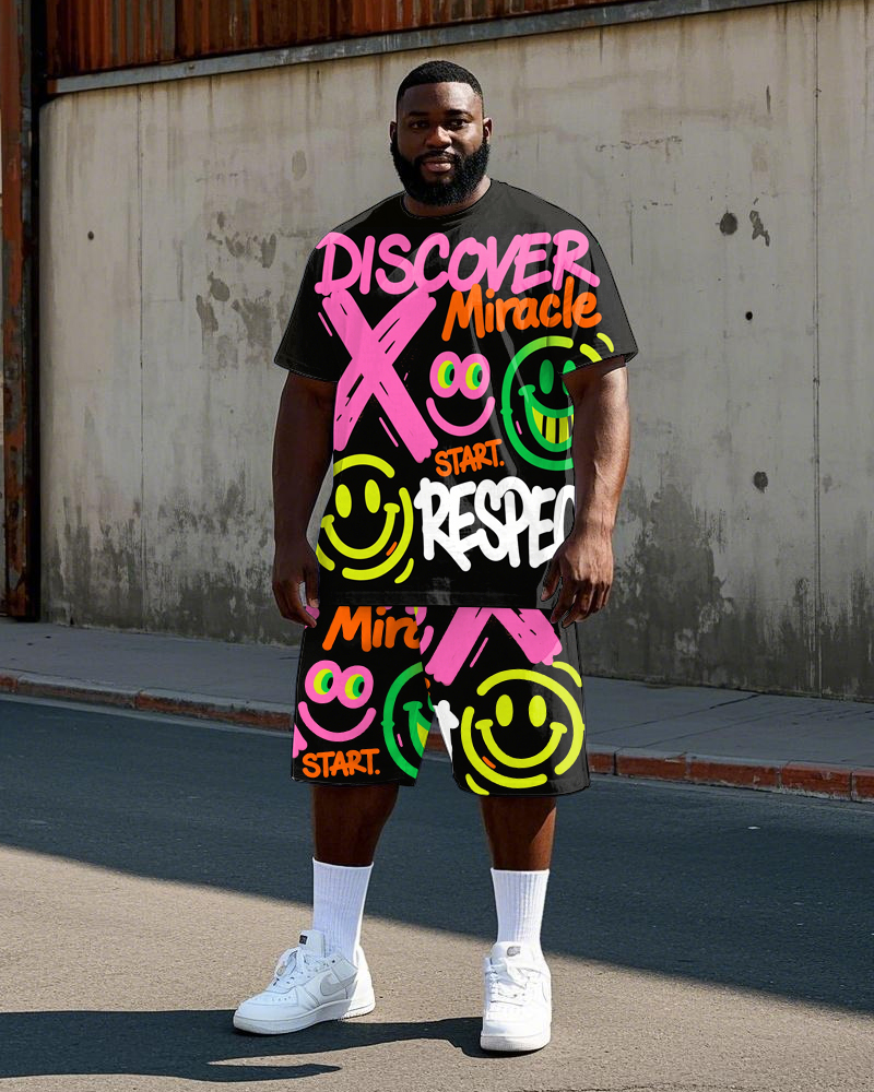 Big Men's Hip Hop Letter Smiley Face Graffiti Street Fashion Short Sleeve T-Shirt Shorts Set