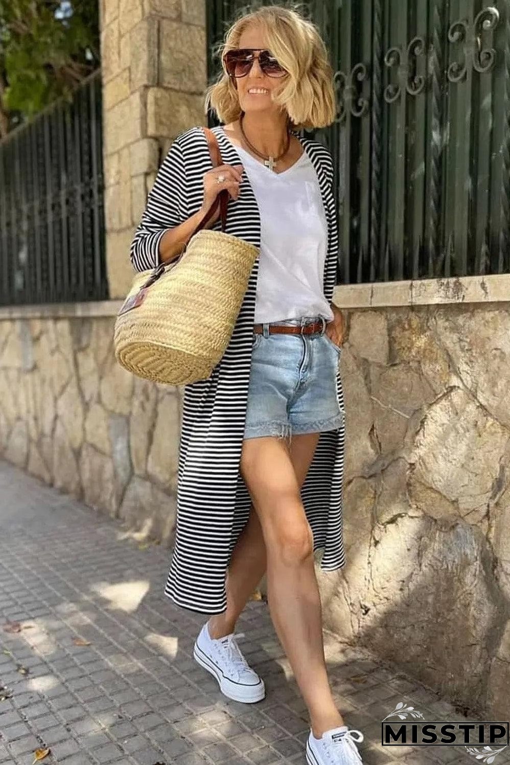 Stripe Open Front Long Cardigan