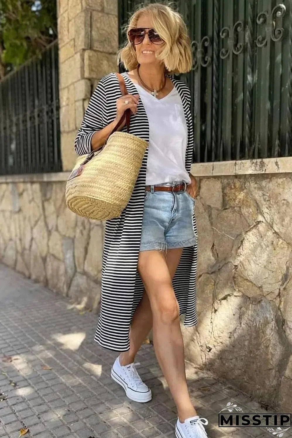 Stripe Open Front Long Cardigan