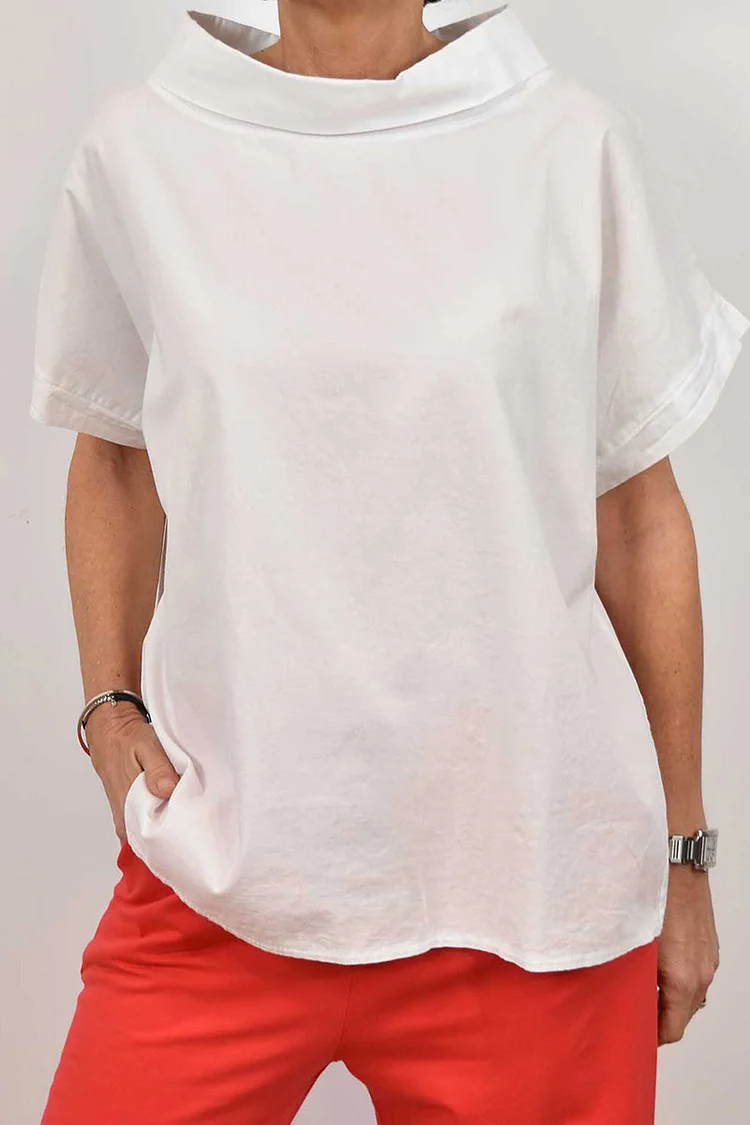 Solid Color Cowl Neck Short Sleeve Linen Casual Top [Pre Order]