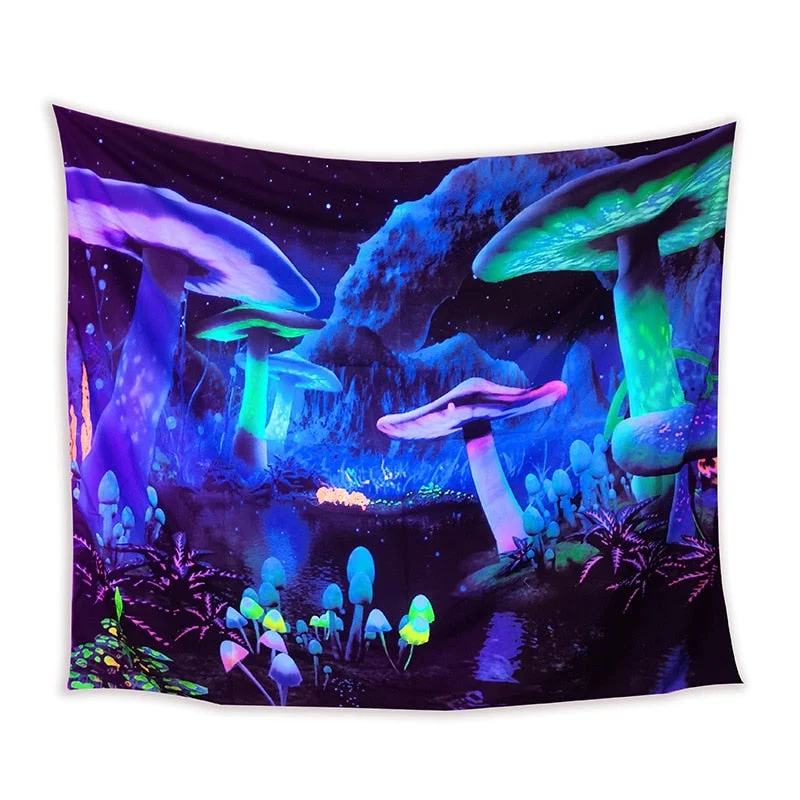 Fluorescent Mushroom Wall Hanging Tapestry Nature Art Starry Sky Galaxy Psychedelic Carpet Indian Mandala Dark Glowing Tapestry