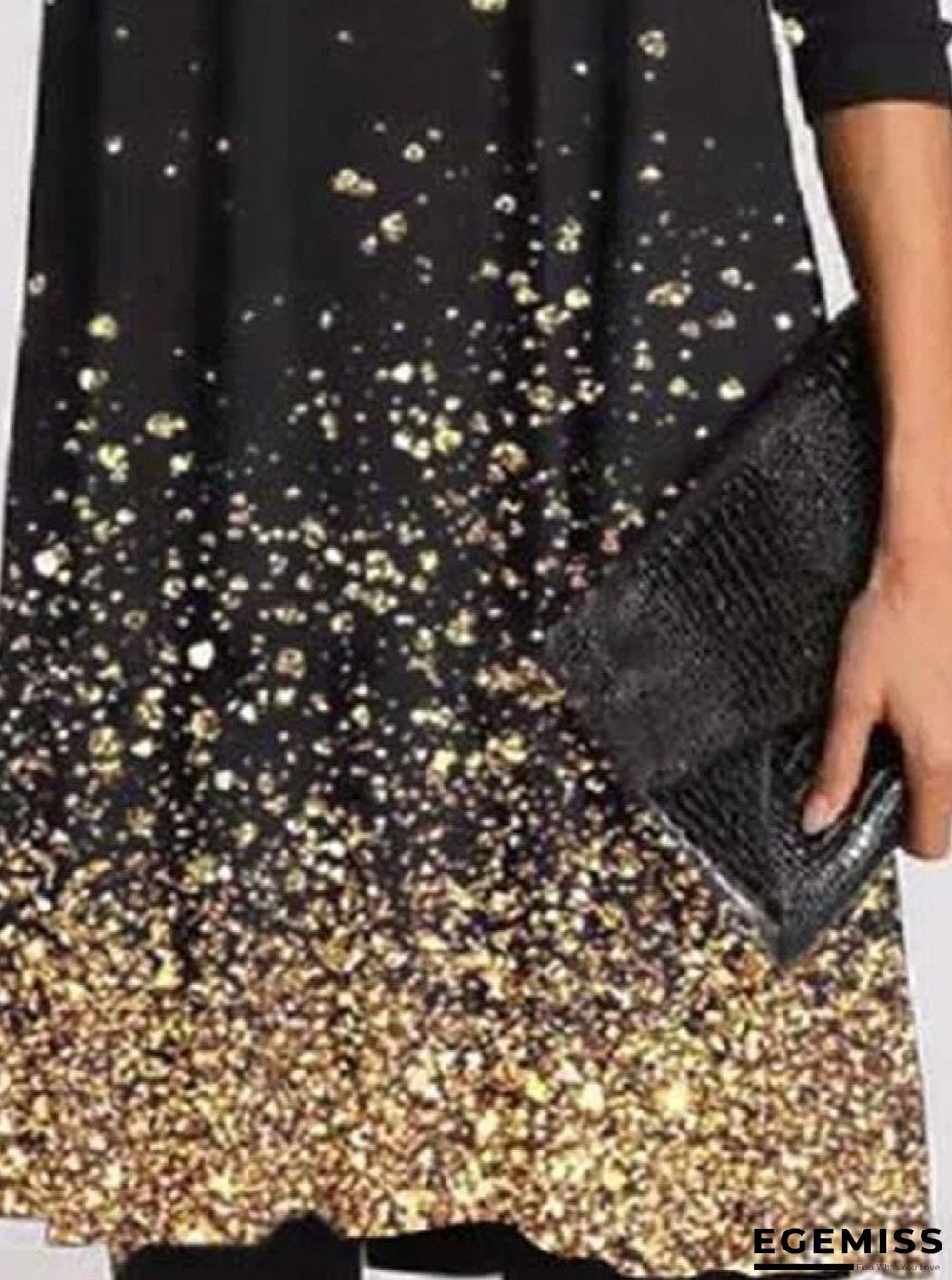 Casual Print High Neck Long Sleeves Shift Dress Black Dresses | EGEMISS