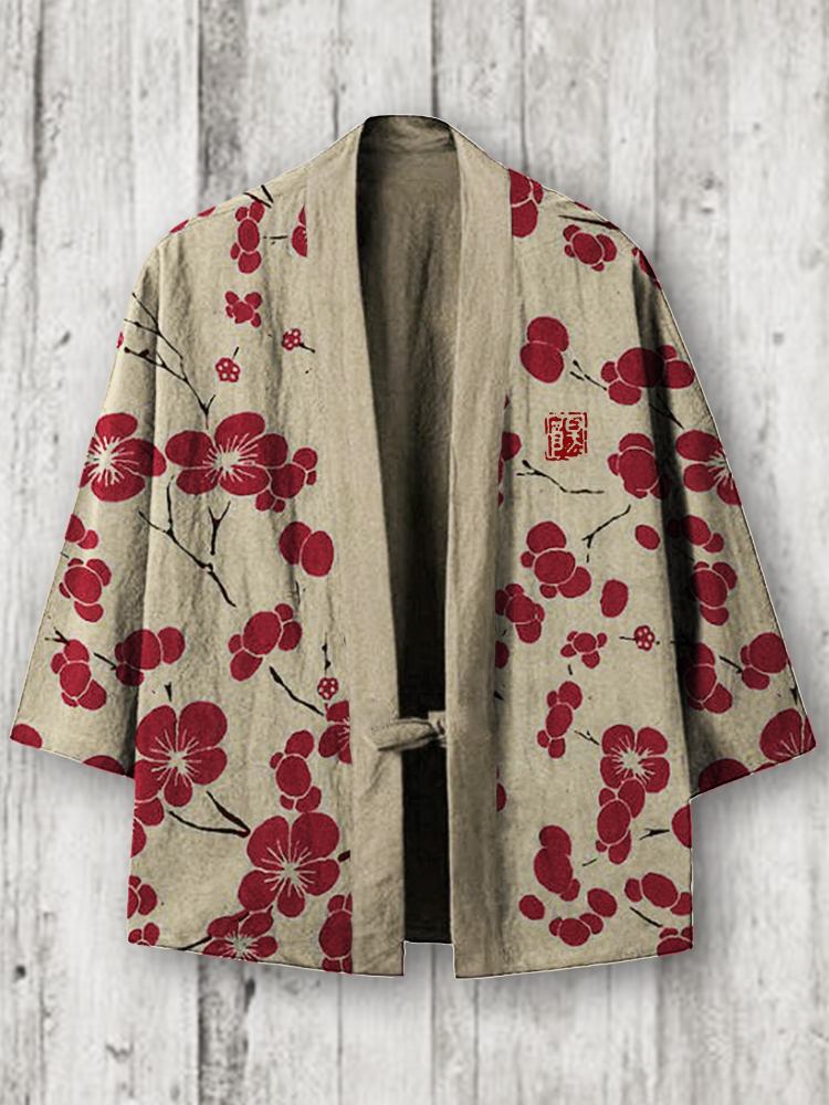 Cherry Blossom Japanese Lino Art Linen Blend Kimono Cardigan wearshes