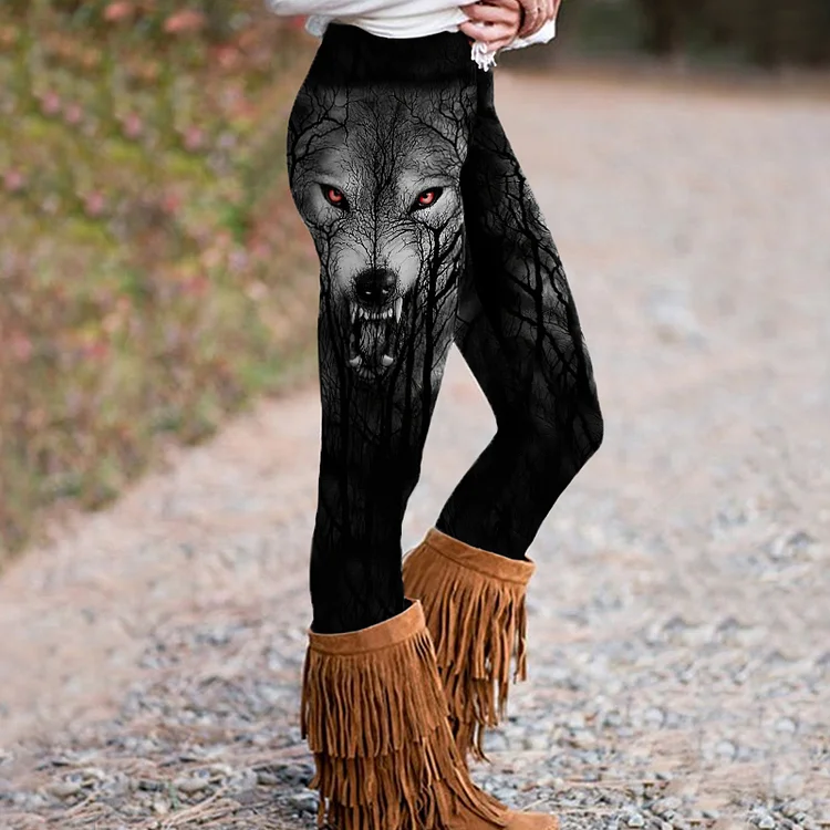 Vintage Wolf Print Casual Leggings