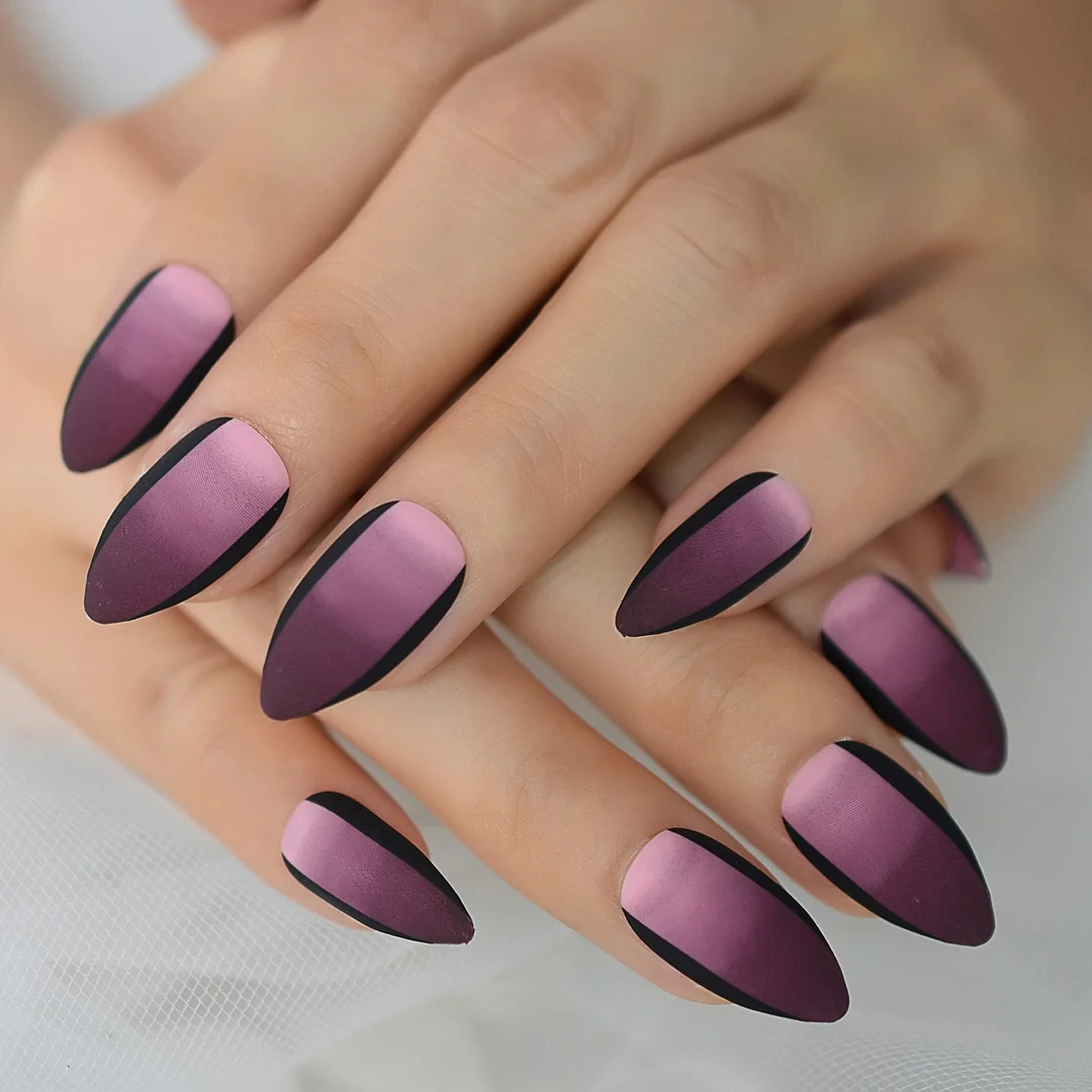 Stair Purple Gradient Original Design Black Edge Medium-Short Sharp Almond Shape Light To Dark Gels Nails Art Flase Fingernails