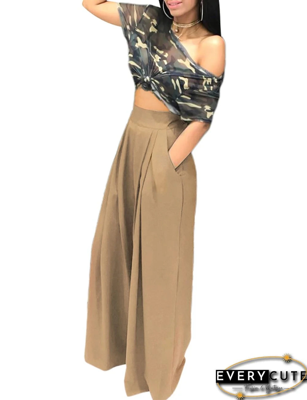 Khaki Pocketed Wide Leg Casual Pants