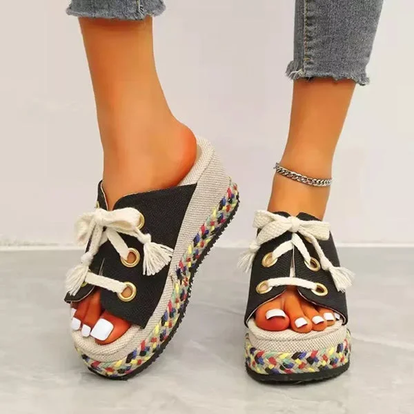 HUXM Cute Wedge Colorblock Woven Slip On Sandals