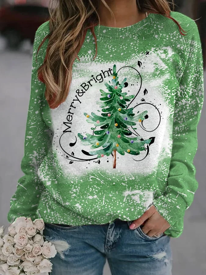 Women's Merry And Bright Christmas Tree🎄 Bleach Print Casual Sweatshirt