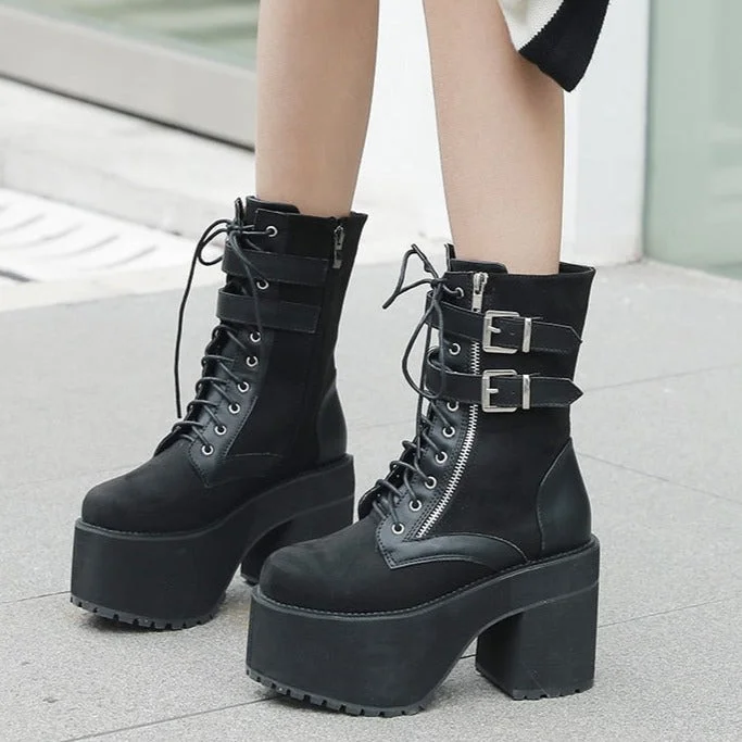Vstacam Buckle Strap Demonia Boots Botas Militares Mujer Chunky Heels Platform Boots Female Suede Thick Bottom Motorcycle Boots
