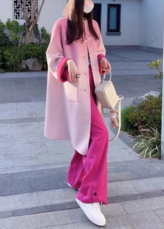 Gradient Color Rose Woolen Coats And Wide Leg Pants Two Pieces Set Fall