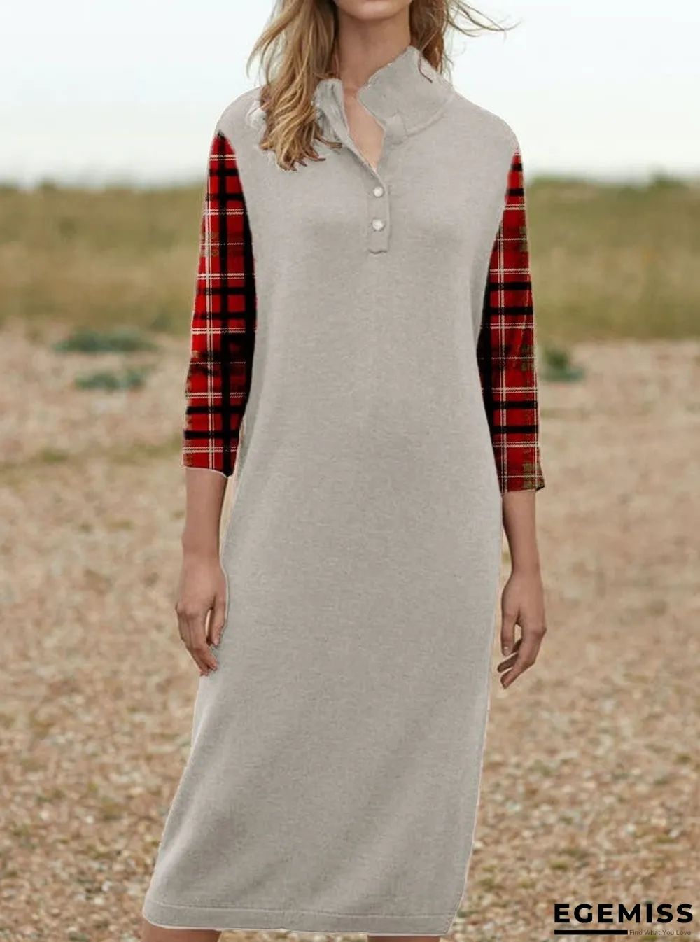 Casual Check Print Long Sleeve Lapel Maxi Dress | EGEMISS