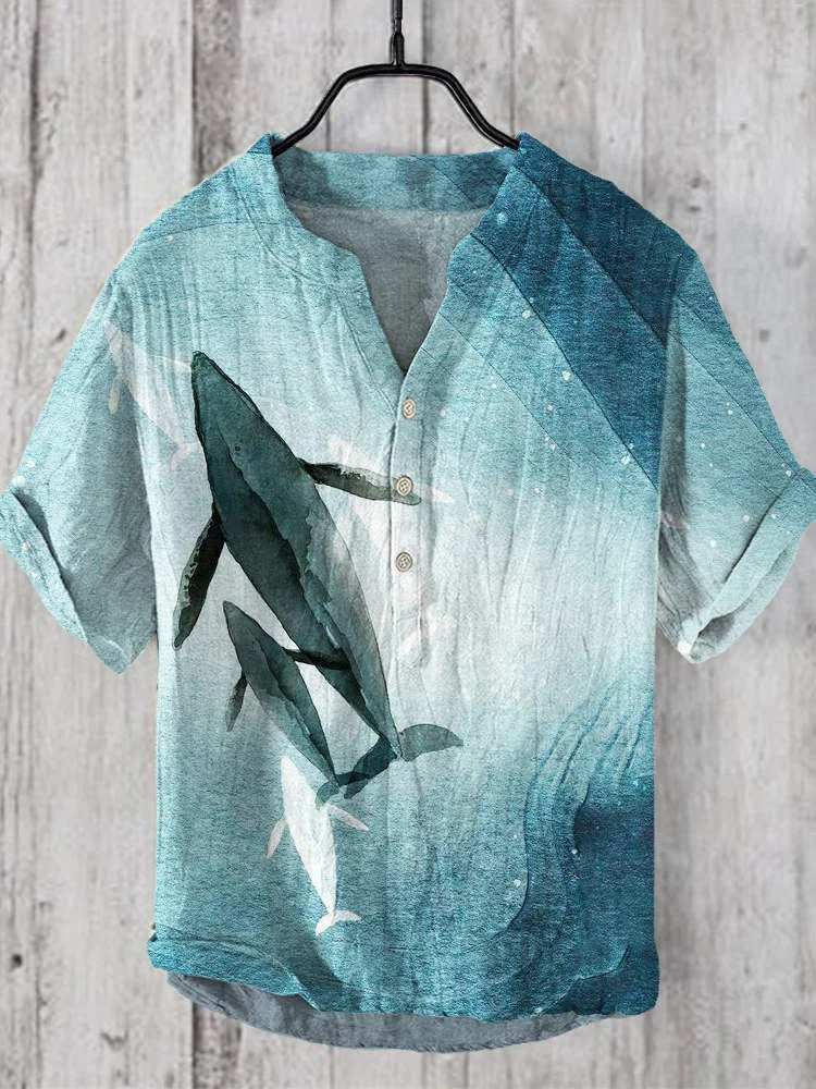 Watercolor Ocean Whale Linen V-Neck Shirt