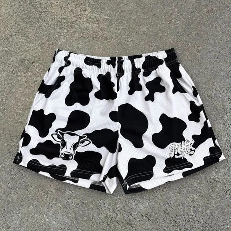 Vintage Milk Cow Art Graphics Mesh Shorts - SOPULA